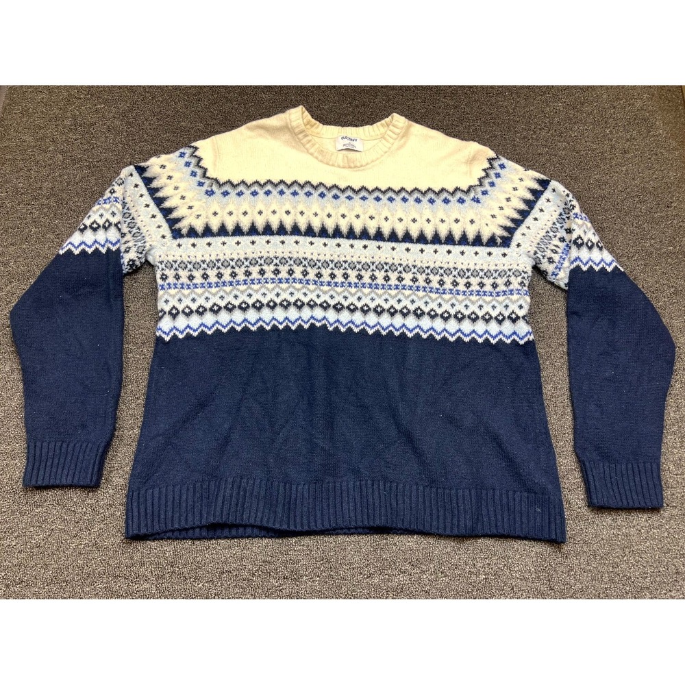 Old Navy SoSoft Sweater Mens XL Navy Blue Fair Isle Knit Ribbed Trim Crew Neck